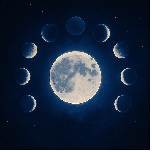Illustration of moon phases arranged in a circular pattern against a dark starry sky.