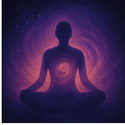 Silhouette of a person meditating with a glowing spiral on their chest against a cosmic background.